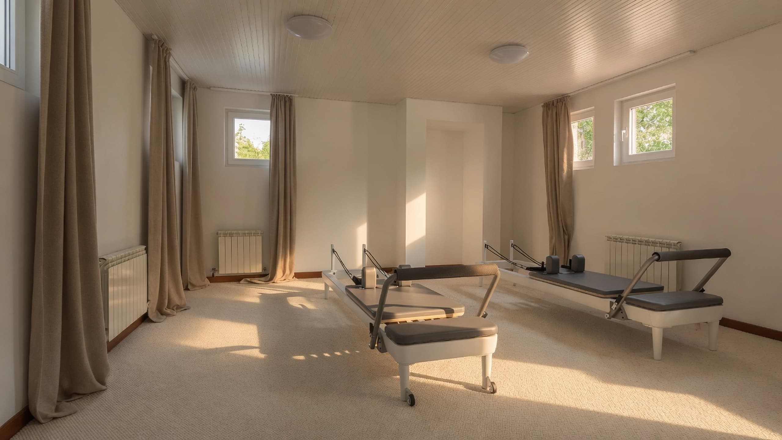 Sala de reformer din Dumbrăvița, cu cele două aparate și lumină de zi